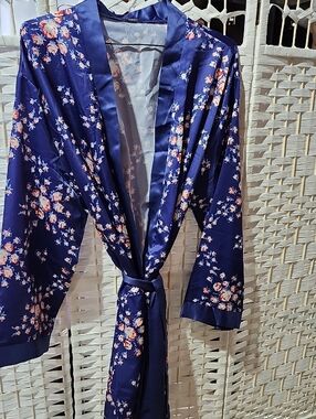 Morgan Lane Satin Floral Slip — Navy with Pink and Cream Blossoms